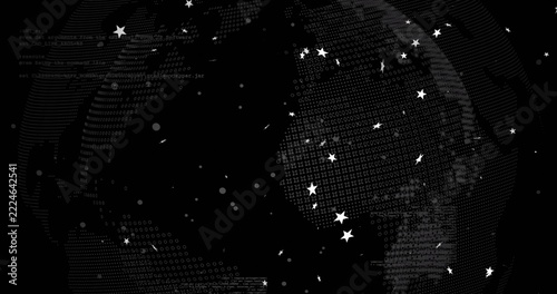 Rotating stylized digital globe showing dotted matrix in abstract scene, with star icons