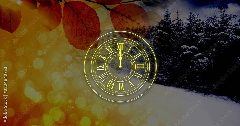 Naklejka premium Glowing analog clock hovering over blended autumn and winter scene, with leaves and snowy pines