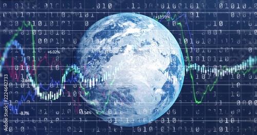 Displaying rendered Earth globe orbiting market data in data dashboard with binary, candlesticks