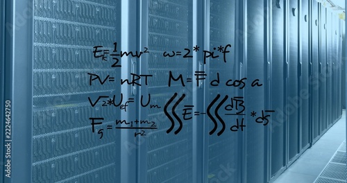 Displaying long row server racks down data center corridor, showing LED lights and math overlay
