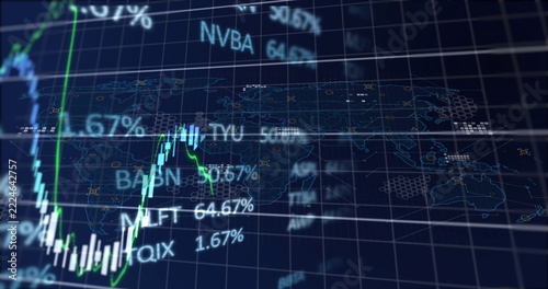 Displaying market-data dashboard moving on broadcast screen, with candlestick bars and tickers