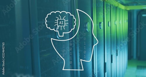 Showing semi-transparent AI head outline overlaying server racks at data center, with LED racks