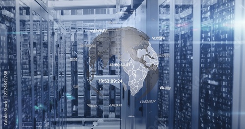 Projecting holographic globe over server racks in data center, displaying timestamps and LED lights