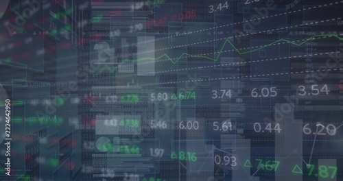 Displaying layered market data panels on digital dashboard, showing line graphs candlesticks