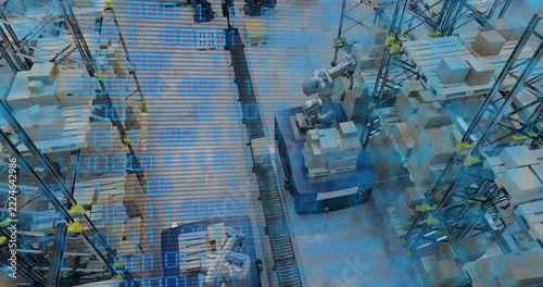 Operating central conveyor with robotic arm lifting boxes inside fulfillment warehouse