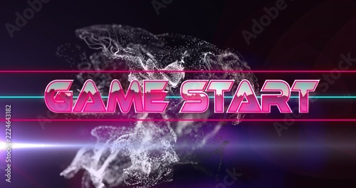 Glowing stylized GAME START text floating on synthwave start screen, with neon bars and particles