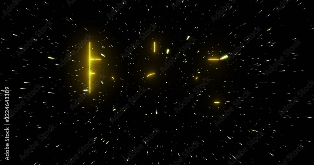 Naklejka premium Streaking golden light bars and glowing orbs forming center cluster in space void with green lines