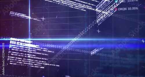 Projecting central blue band with curved binary stream in virtual HUD, showing code, grids, markers