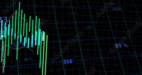 Displaying left candlestick cluster declining on trading dashboard with red moving line, copy space