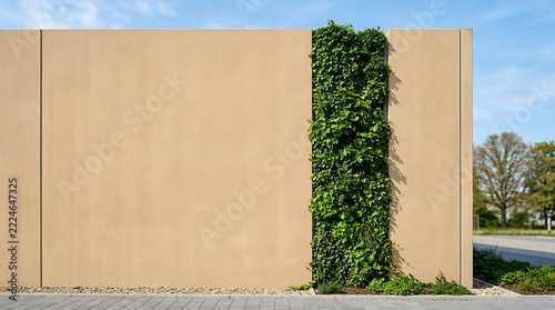 A large beige wall with a section covered in green ivy under a blue sky