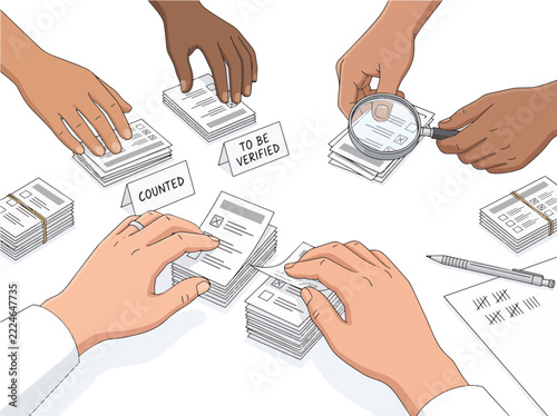 Diverse hands counting and verifying paper ballots during a democratic election process illustration