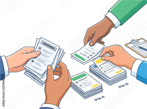 Close up view of hands processing voting ballots during a political election or referendum count