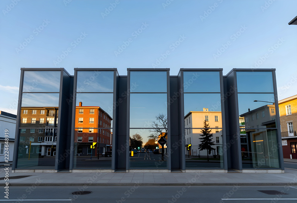 Naklejka premium Urban architecture and city development, modern glass building facade reflecting historic residential houses in a quiet street at sunset