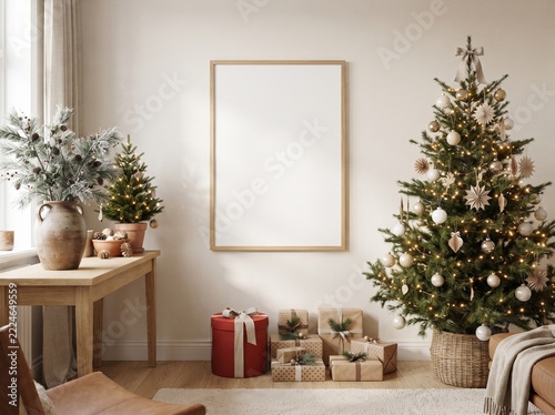 Christmas Interior Mockup with Blank Vertical Frame and Festive Tree Decorations in Elegant Living Room