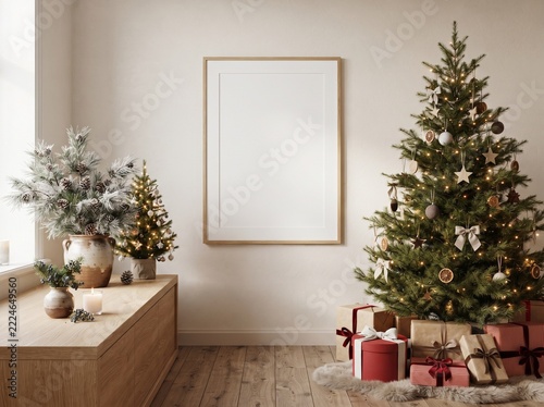 Cozy Holiday Living Room Interior with Christmas Trees, Empty Wall Art Frame and Seasonal Decorations