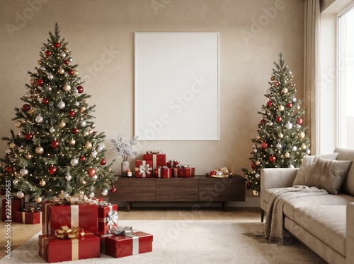 Minimalist Christmas Living Room with Blank Poster Frame and Decorated Evergreen Trees