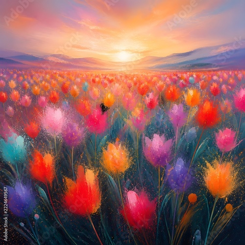 Vibrant spring tulip flower field landscape painted with colorful watercolor splashes and soft pastel sky