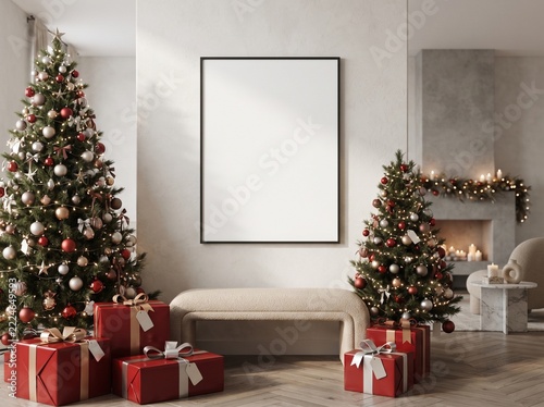 Elegant Christmas Interior with Empty Picture Frame, Christmas Trees and Cozy Living Room Decor