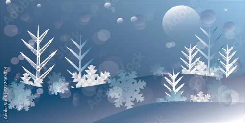 A beautiful winter landscape illustration featuring stylized pine trees and intricate snowflakes against a soft, dreamy blue gradient on a blue background.