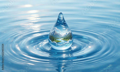 Water drop with beautiful landscape on the water surface. Concept of nature