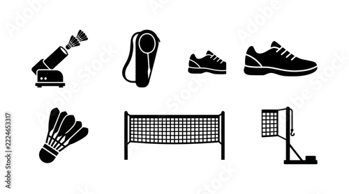 Badminton Equipment Icons: Shuttlecock, Racquet, Shoes, Net, and Launcher