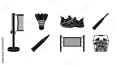 Badminton Equipment Icons: Shuttlecock, Racquets, Net, Shoes, Ball Basket