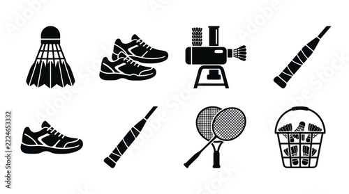 Badminton Equipment Icons: Shuttlecock, Racquets, Shoes, Ball Machine