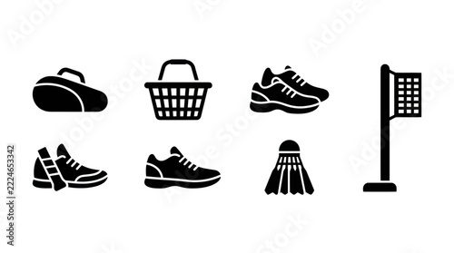 Badminton Equipment Icons: Shuttlecock, Racquets, Shoes, Net, Bag