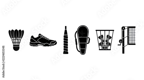 Badminton Equipment Icons: Shuttlecock, Shoe, Racquet, Case, Net, and Shuttle Holder