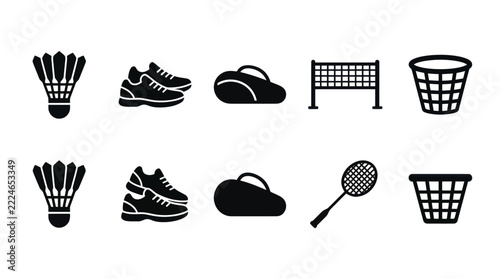 Badminton Equipment Icons: Shuttlecock, Shoes, Bag, Net, Racket, Basket
