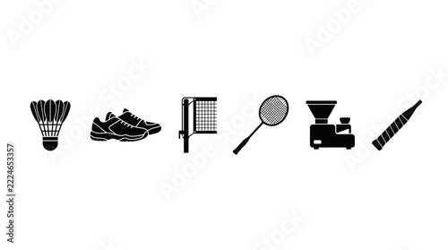 Badminton Equipment Icons: Shuttlecock, Shoes, Net, Racquet, Machine, Grip