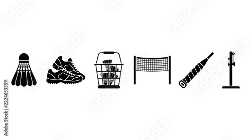 Badminton Equipment Icons: Shuttlecock, Shoes, Shuttlecock Basket, Net, Racket, Post