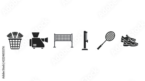 Badminton Equipment Icons: Shuttlecocks, Net, Racket, Shoes, and Video Camera