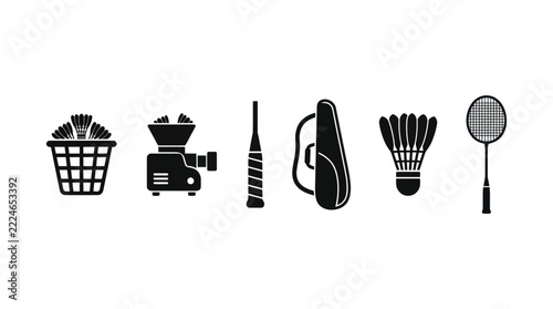 Badminton Equipment Icons: Shuttlecocks, Racket, Machine, Bag