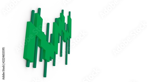 Close-up isometric perspective of a green crypto trading candlestick chart with clean modern design