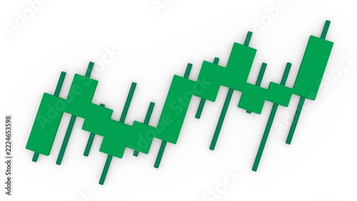  Isometric view of a green financial candlestick trading chart representing stock market growth and analysis