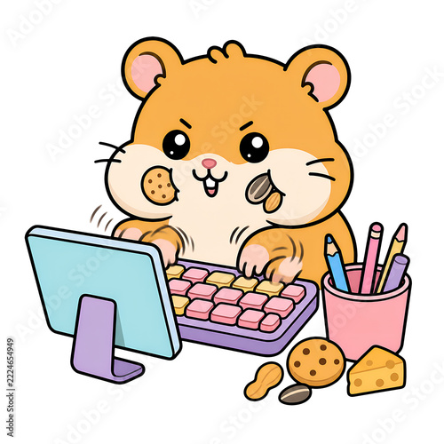 Cute golden hamster playing colorful keyboard beside tablet and snack