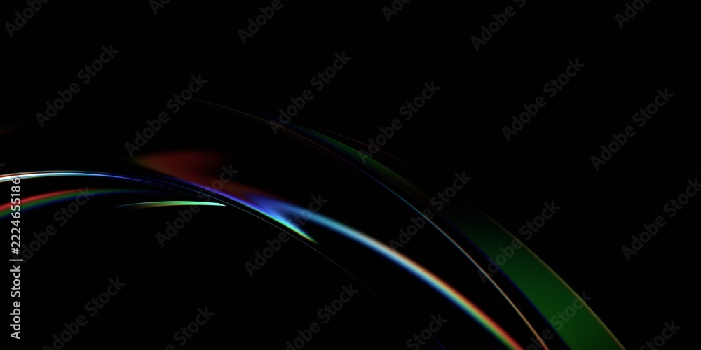 Naklejka premium Thin curved iridescent glass arcs with subtle rainbow highlights on a dark black background, minimal abstract, 3d render