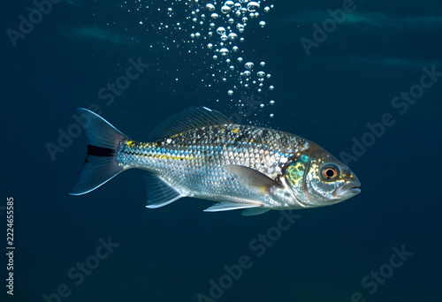 Marine conservation and aquatic life, silver fish swimming underwater with rising air bubbles in deep blue ocean environment for nature background