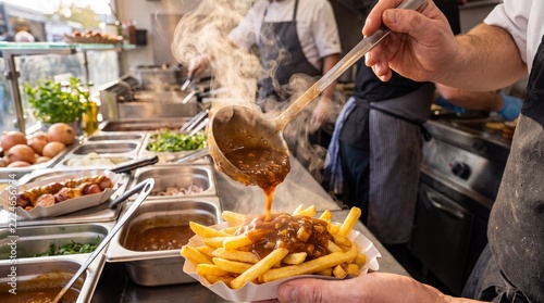 Mit Soße übergossene Pommes in einer professionellen Fast Food Küche