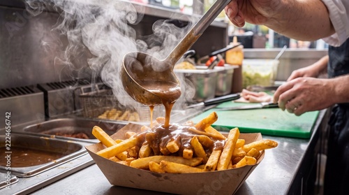 Mit Soße übergossene Pommes in einer professionellen Fast Food Küche