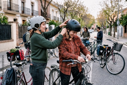Two friends adjusting bicycle helmets on a street with parked bikes  