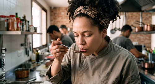 Young woman tasting food while cooking in a professional kitchen  