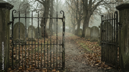 Weathered cemetery gate stands open toward quiet dirt footpath lined with tombstones. Atmospheric iron entryway invites peaceful reflection between stone pillars among misty autumn trees.