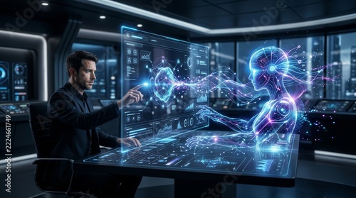 Man interacts with holographic human figure in futuristic control room