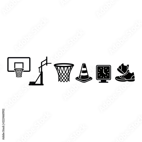 Basketball Equipment and Training Icons: Hoop, Net, Cone, Clock, Shoe