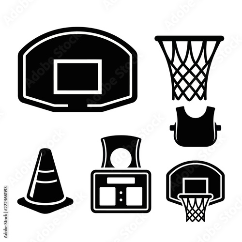 Basketball Equipment Icon Set - Hoop, Net, Cone, Scoreboard, Vest