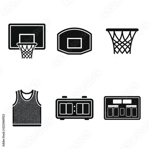 Basketball Equipment Icon Set: Hoop, Net, Jersey, Timer, Scoreboard