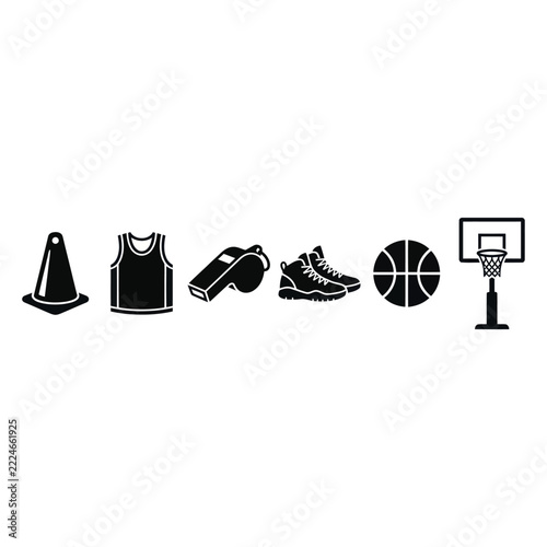 Basketball Equipment Icon Set: Cone, Jersey, Whistle, Shoes, Ball, Hoop