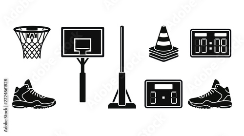 Basketball Equipment Icon Set: Hoop, Backboard, Shoes, Cones, Scoreboards